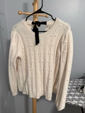 LOFT Cream Cable Knit Sweater with Black Back Tie